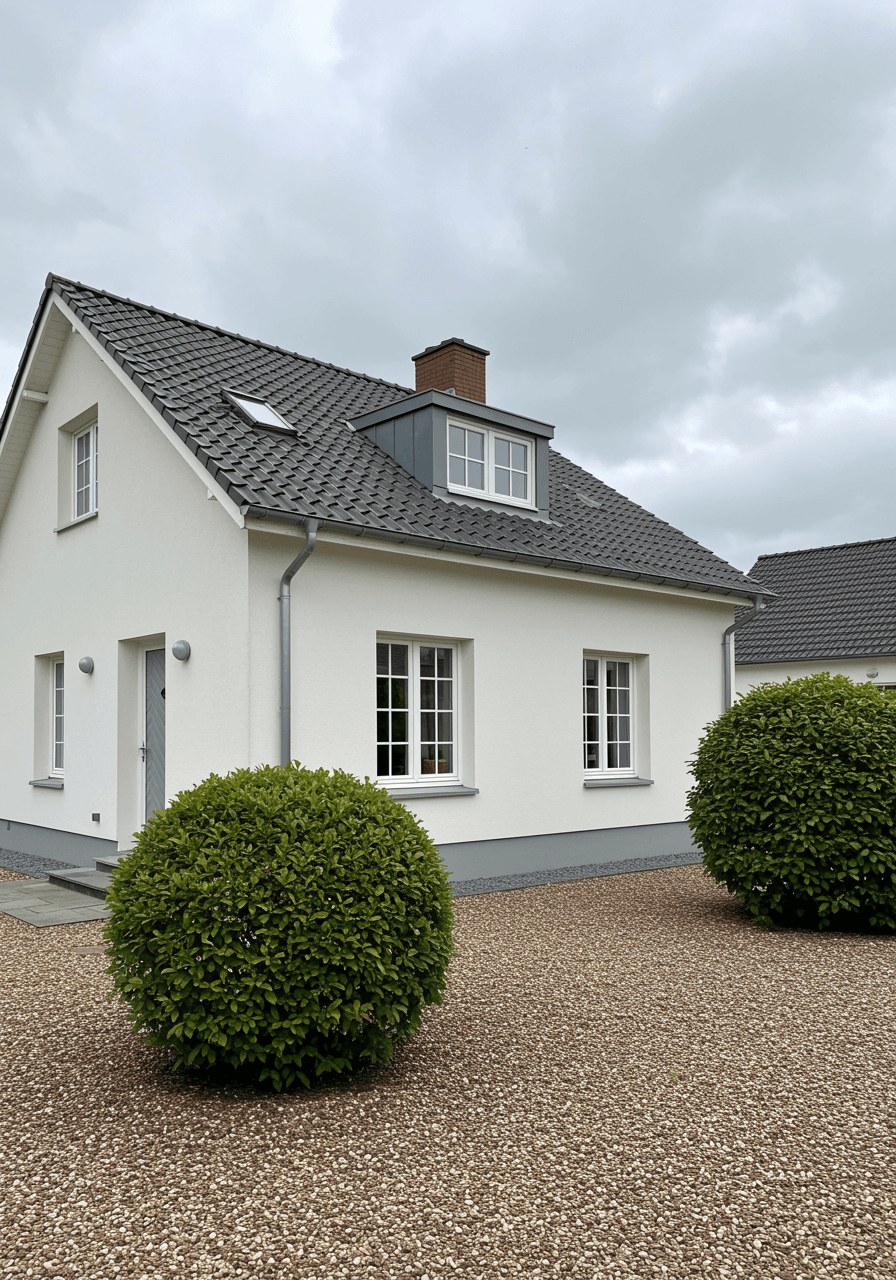 Een wit huis met afgewerkte crepi-gevel en ronde struiken in de voortuin